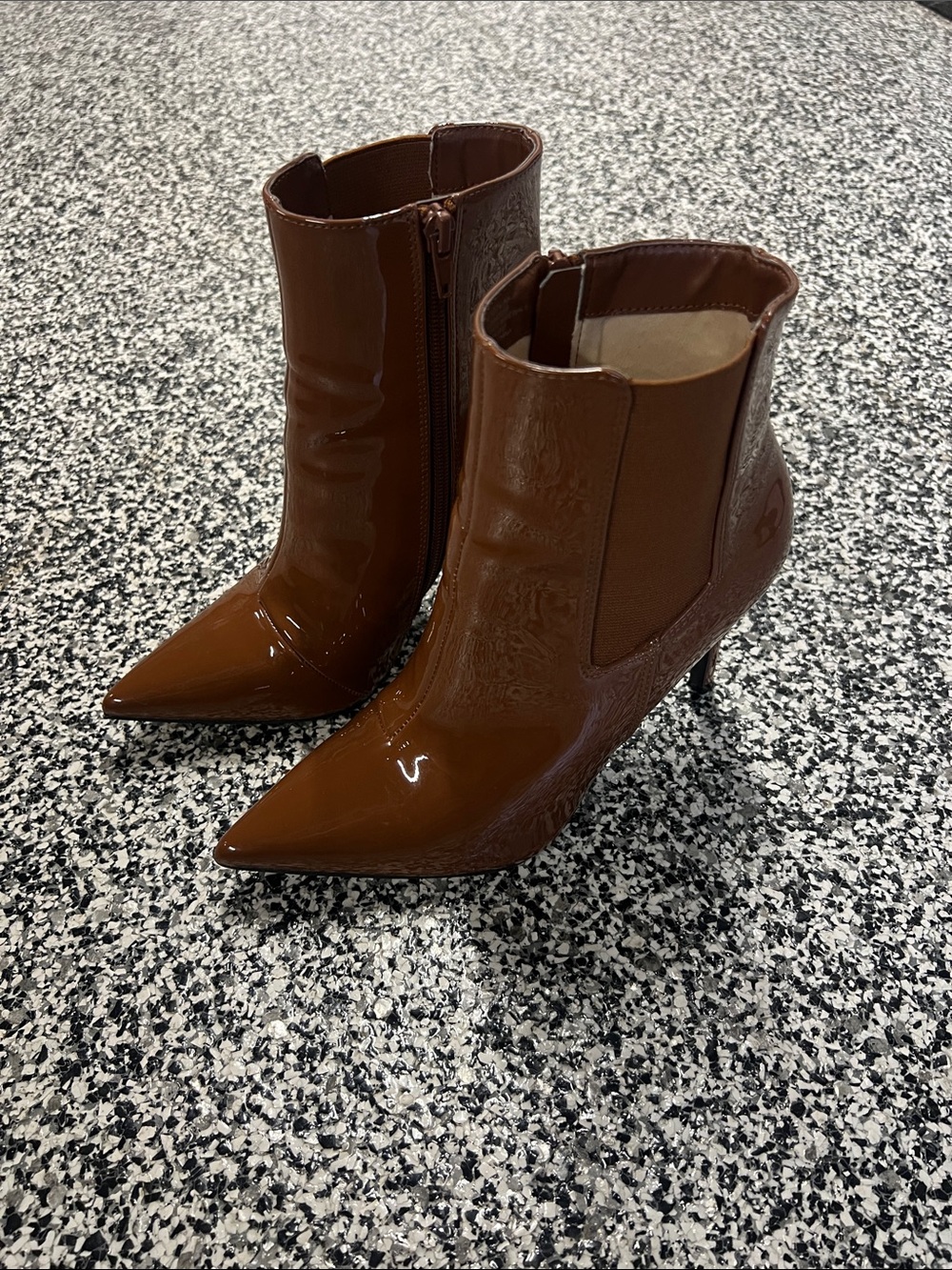 Patent Brown Pointed-Toe Ankle Booties